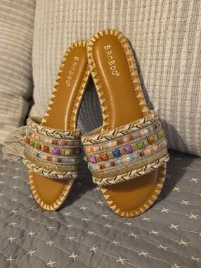 BAMBOO Tan Slide Sandals with Multicolor Beaded Straps Nwob
